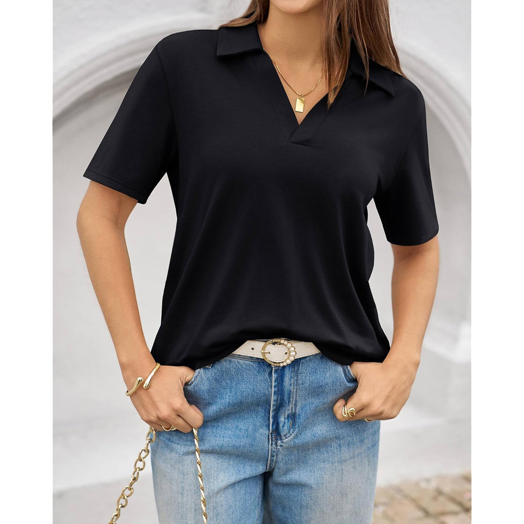 Womens Polo Shirts Short Sleeve V Neck Business Casual Collared Tops Summer Dressy Blouses