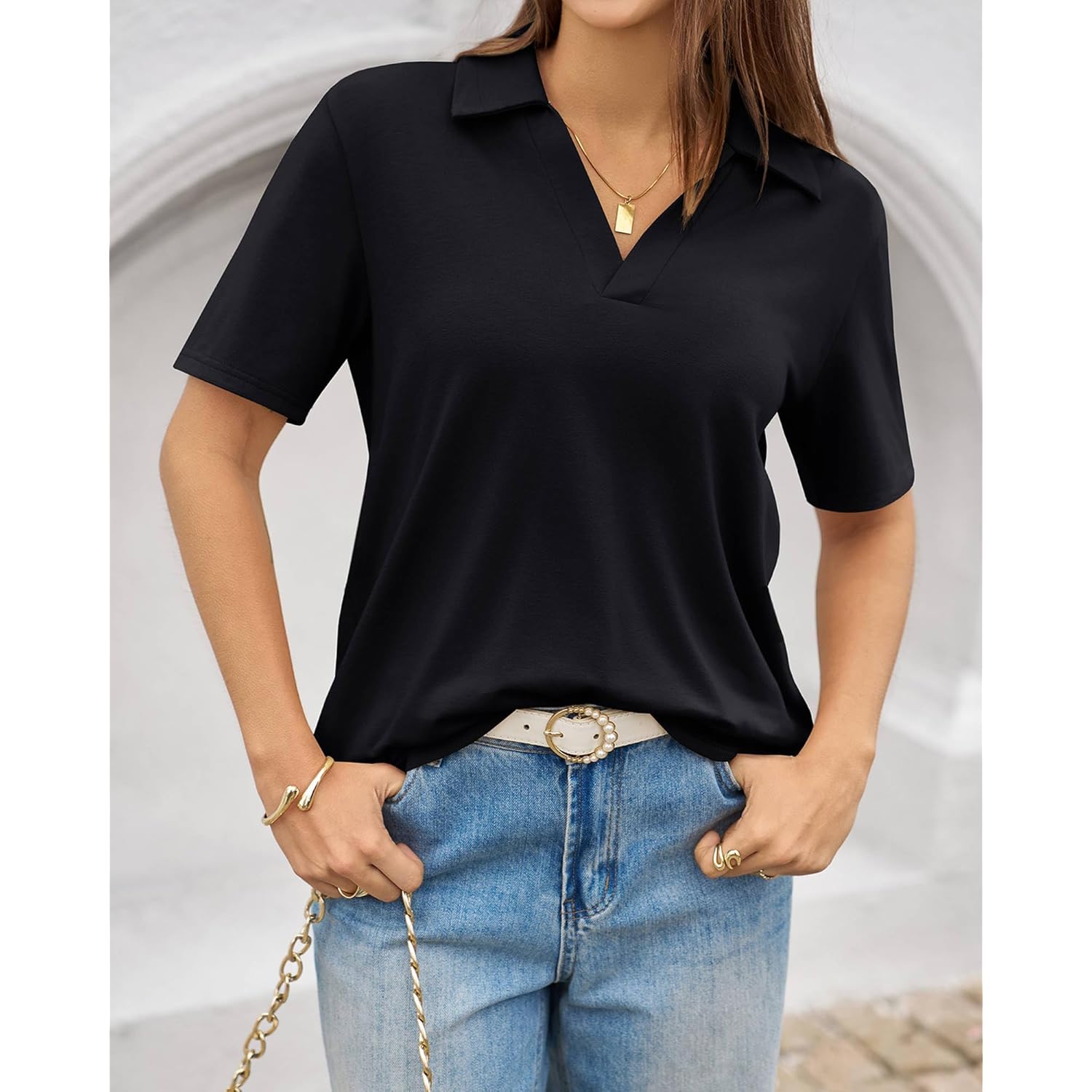 Womens Polo Shirts Short Sleeve V Neck Business Casual Collared Tops Summer Dressy Blouses