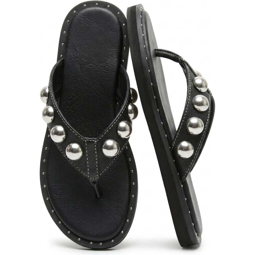 Studded Thong Sandals For Women Round Clip Toe Slip On Flip Flops Slides Comfortable Contrast Tacked Slipper Shoes