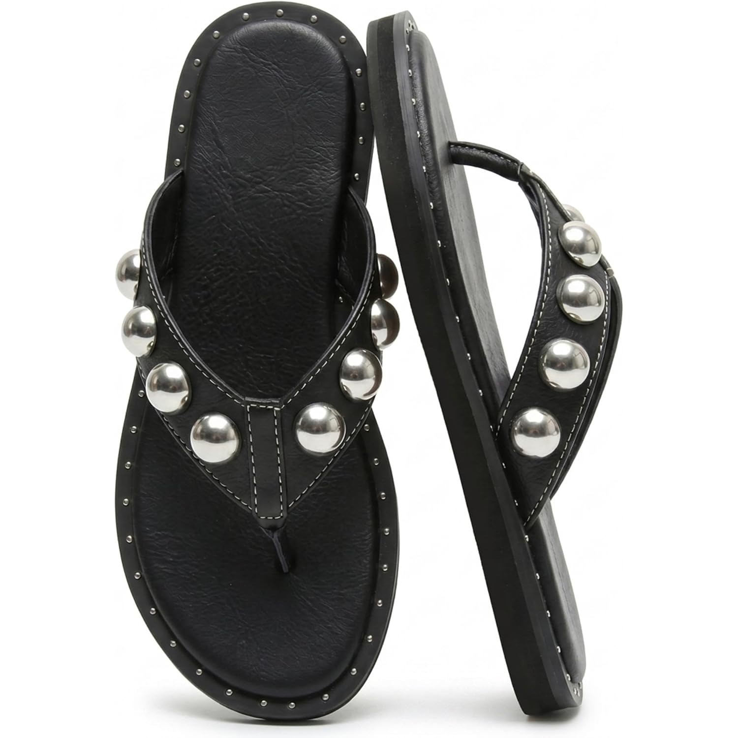 Studded Thong Sandals For Women Round Clip Toe Slip On Flip Flops Slides Comfortable Contrast Tacked Slipper Shoes