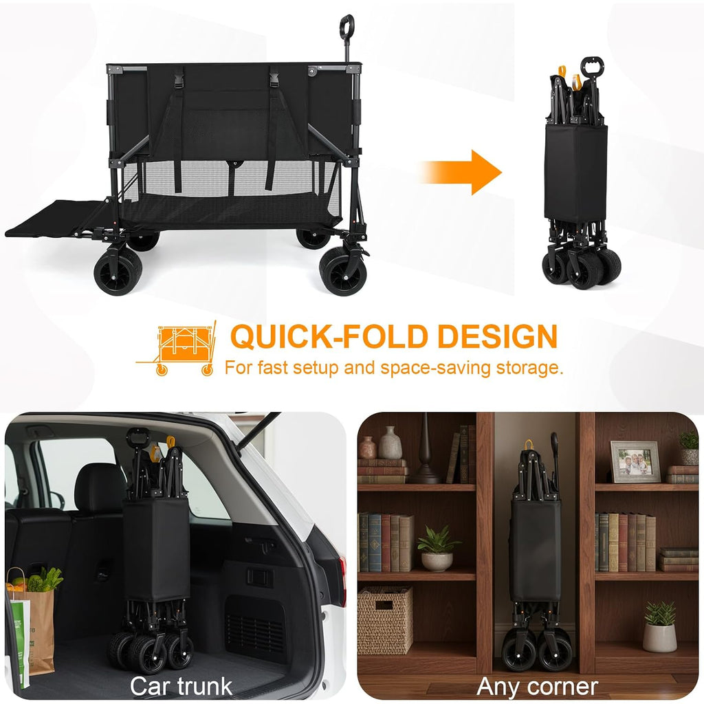 Double Decker Wagon Heavy Duty Collapsible, 600Lbs 400L Capacity | Foldable Utility Cart, Big Wheels For Beach, Outdoor, Camping & Gardening, Durable Steel Frame