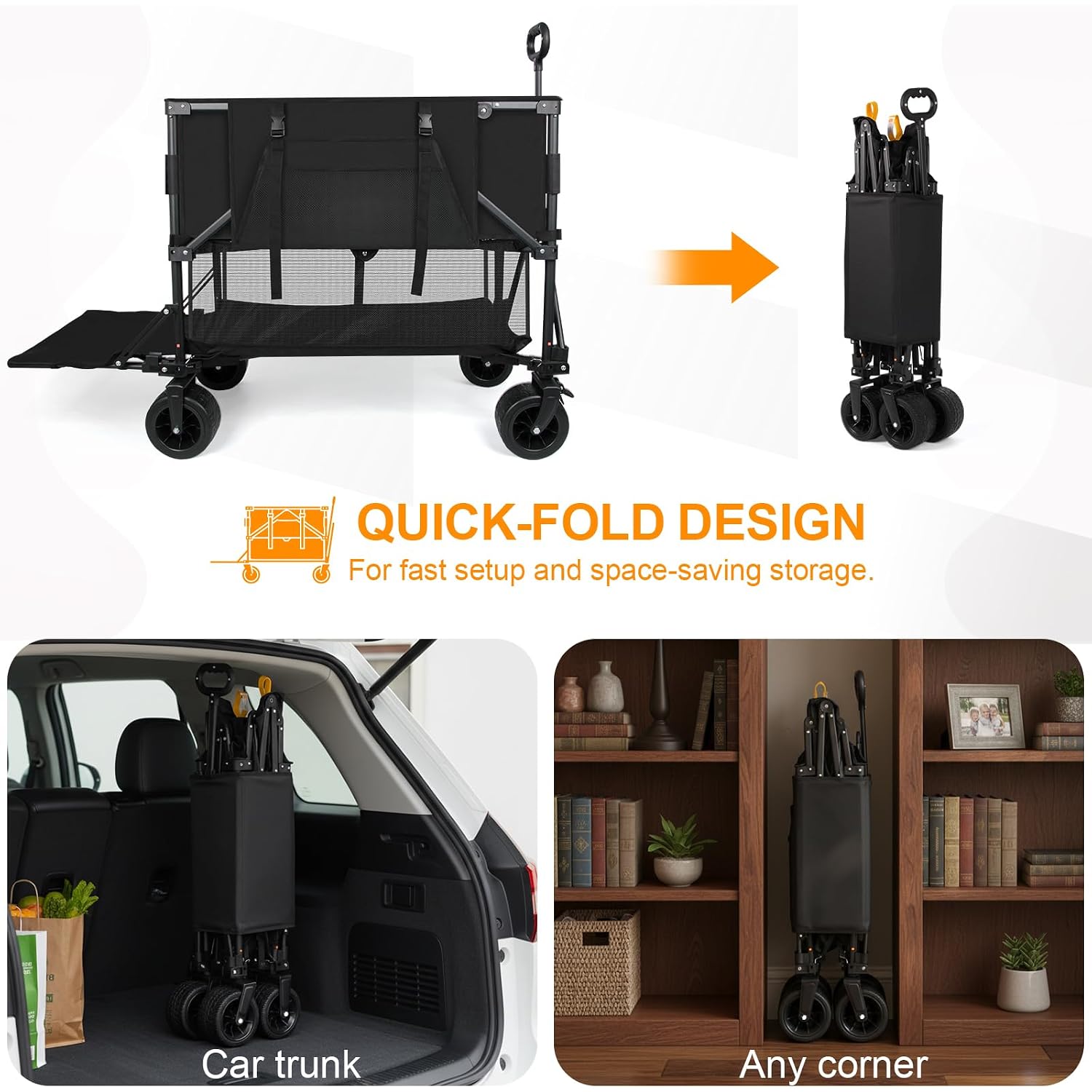 Double Decker Wagon Heavy Duty Collapsible, 600Lbs 400L Capacity | Foldable Utility Cart, Big Wheels For Beach, Outdoor, Camping & Gardening, Durable Steel Frame