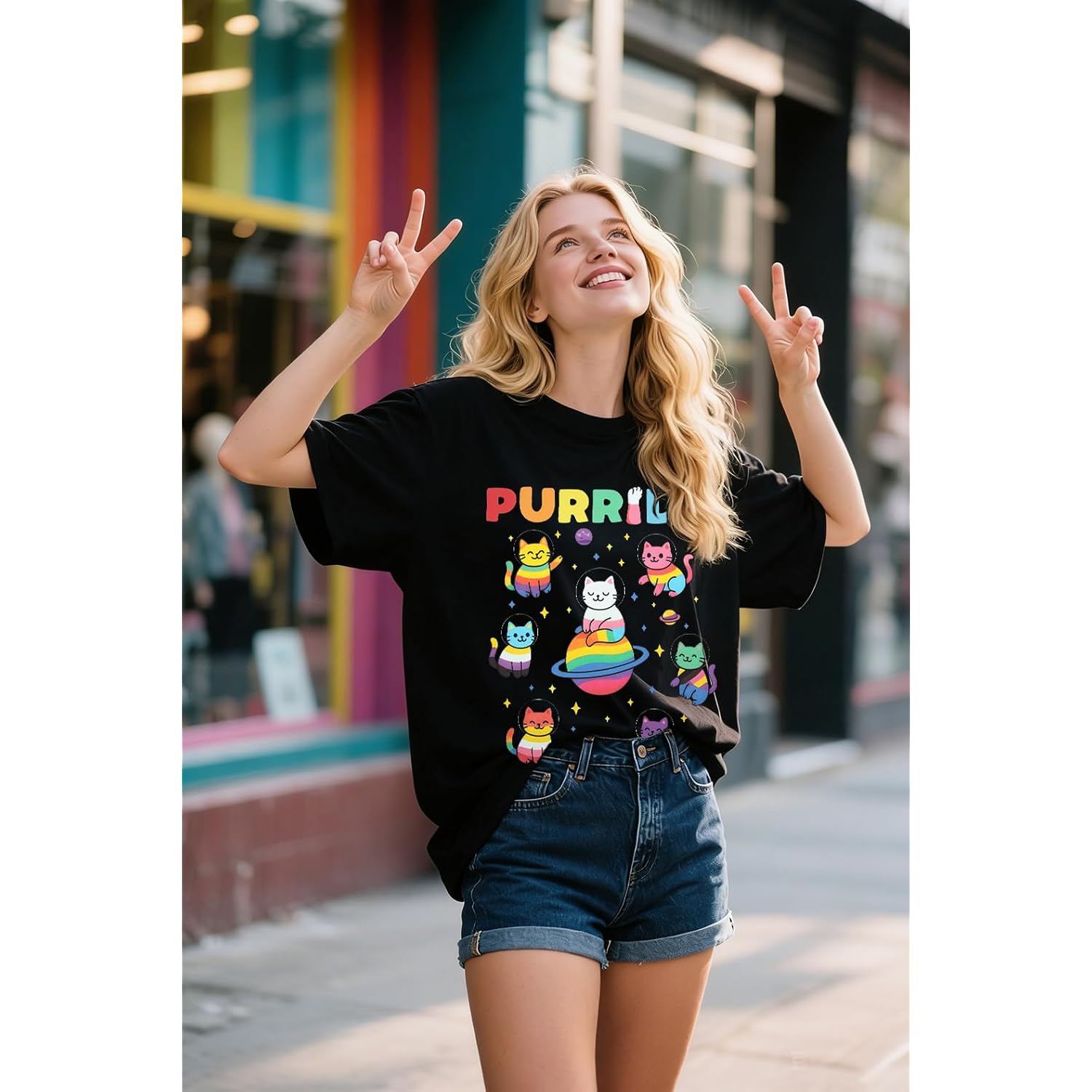 Womens LGBTQ Purride Cat Shirts - Love Pride Ally Equality Rainbow Flag Animal Lovers Graphic Tee Tops Black