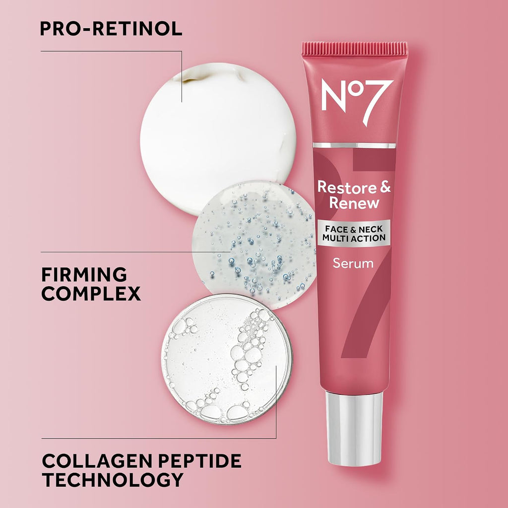 No7 Restore & Renew Multi Action Serum For Face & Neck - Anti Aging Serum For Neck Firming And Tightening - Infused With Hydrating Collagen Peptides & Hyaluronic Acid For Crepey Skin (1.69 Oz)