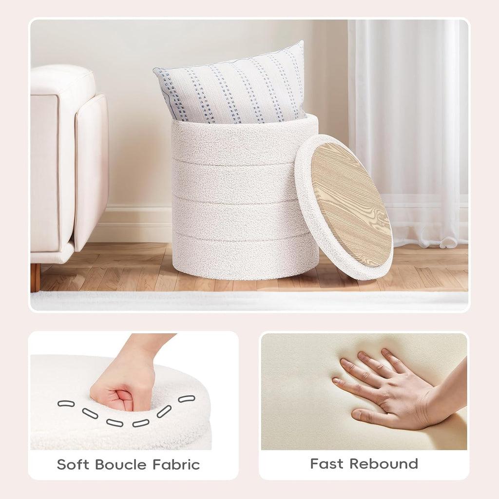 Round Storage Ottoman Foot Rest Stool With Tray Velvet Sherpa Folding Storage Ottoman,Boucle Foot Rest For Living Room, Bedroom, Dorm（White）