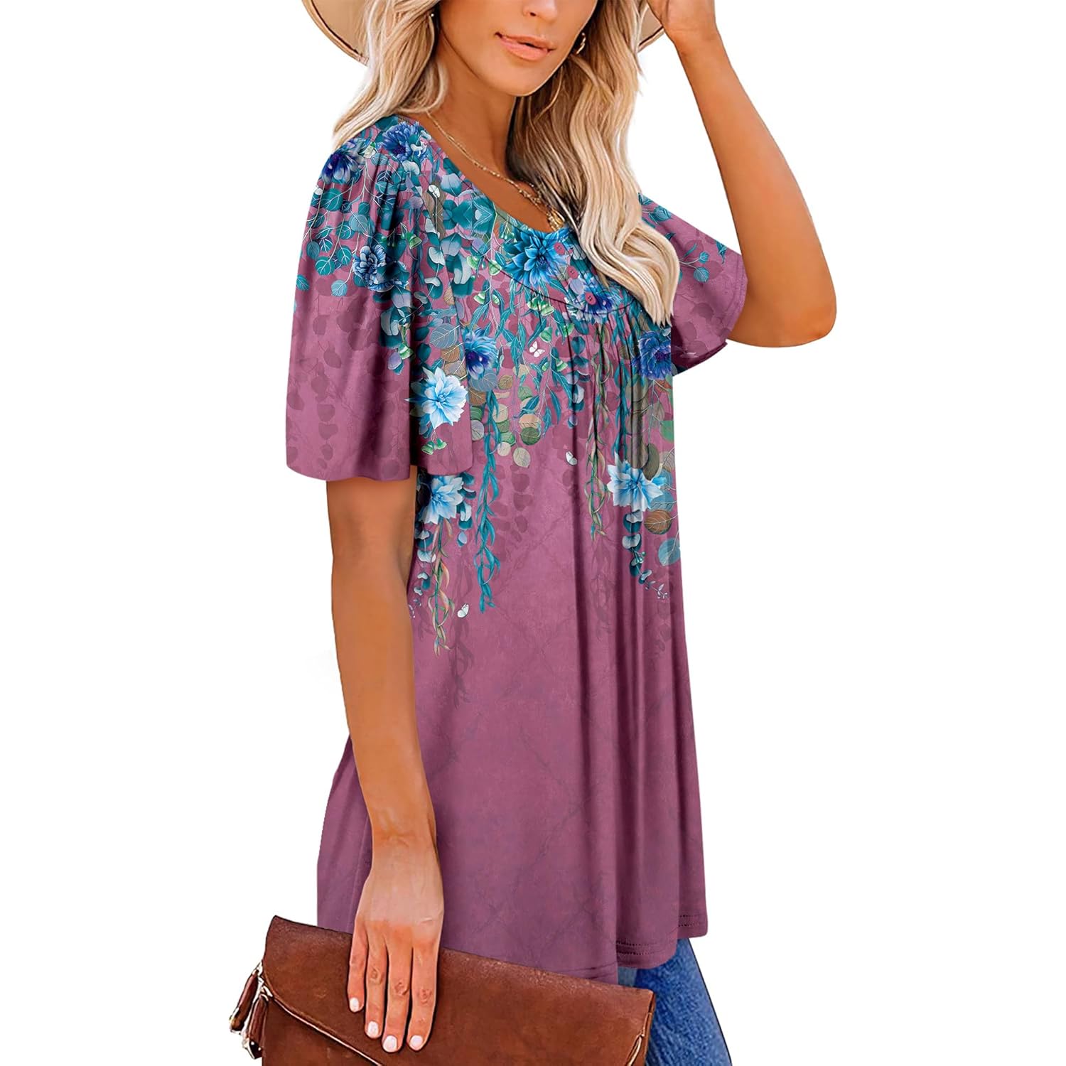 Women's Short Sleeve Summer Tunic Tops Flowy Flare Button Down Tunic Shirts Blouses S-3XL