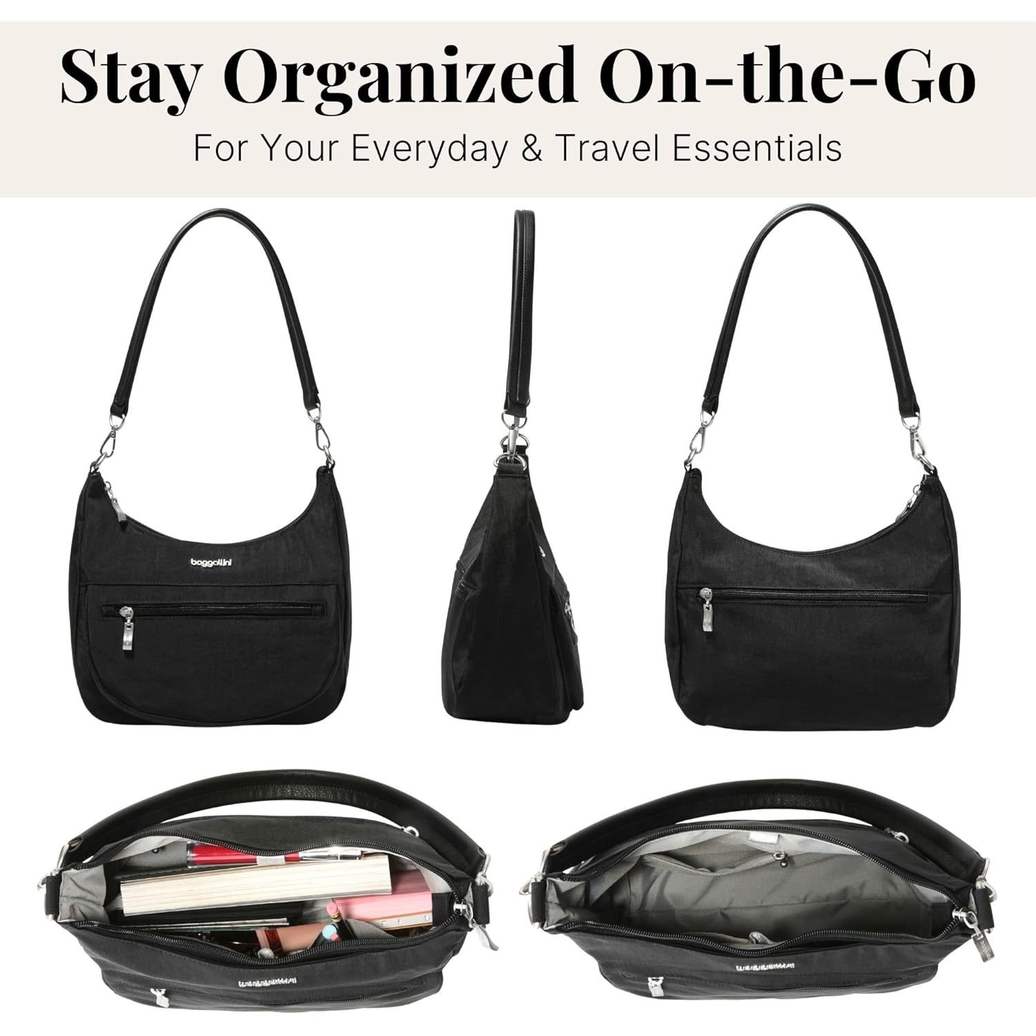 Baggallini Modern Pocket Half Moon 11"x10.5" Shoulder Women W/Replaceable Straps Converts to Crossbody Bag