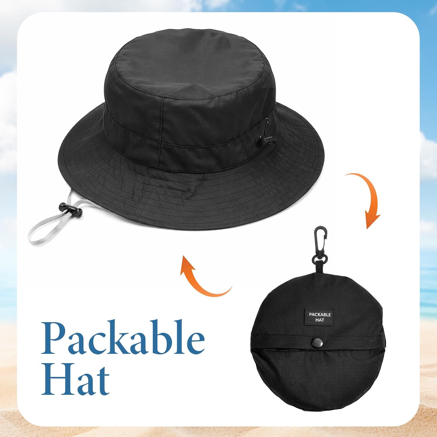 Travel Waterproof Summer Sun Bucket Hat Packable Quick Dry Beach Hats for Women Lightweight Outdoor Rain Hat with Adjustable Chin Strap Travel Hiking Fishing Cap for Women Men Black