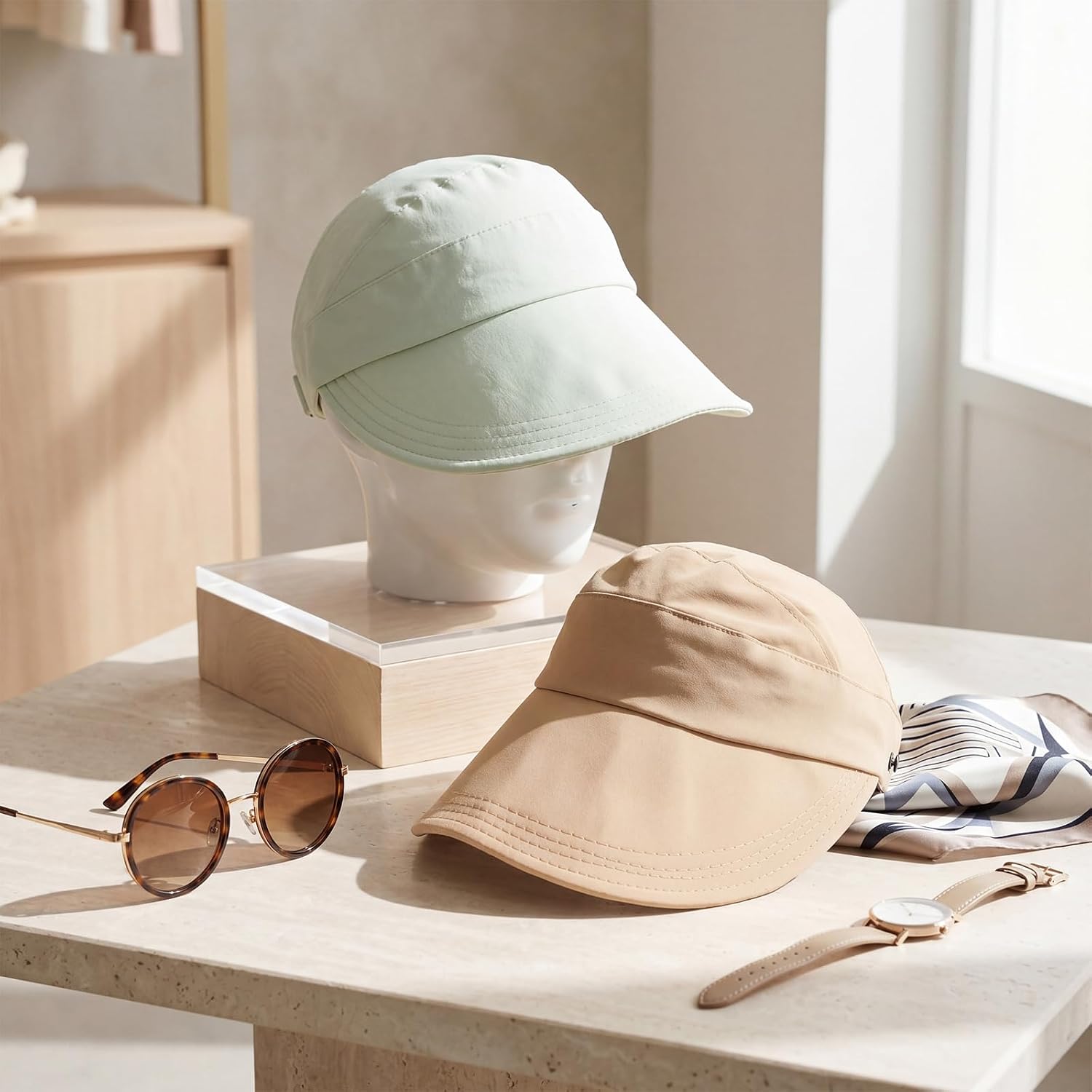 2 Pack Women Sun Hat UV Protection Hiking Fishing Hats Wide Brim Hat Adjustable Ponytail Packable Cap for Outdoor Khaki, Mint Green