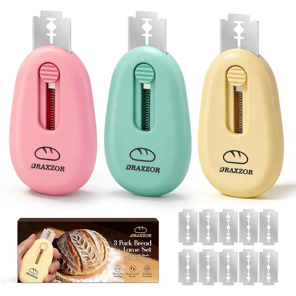 3-Pack Bread Lame, Professional Sourdough Scoring Tool & Bread Scoring Tool, Dough Scoring Tool Set with Ergonomic Handle, Includes 10 Replacement Razor Blades & Scoring Patterns Booklet