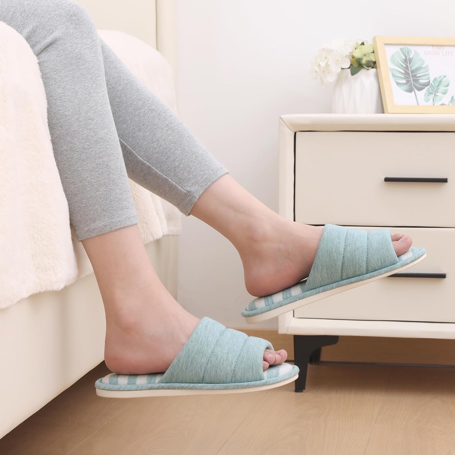 Open Toe House Slippers For Women Men Soft Cotton Indoor Shoes Memory Foam Slip On Bedroom Slippers