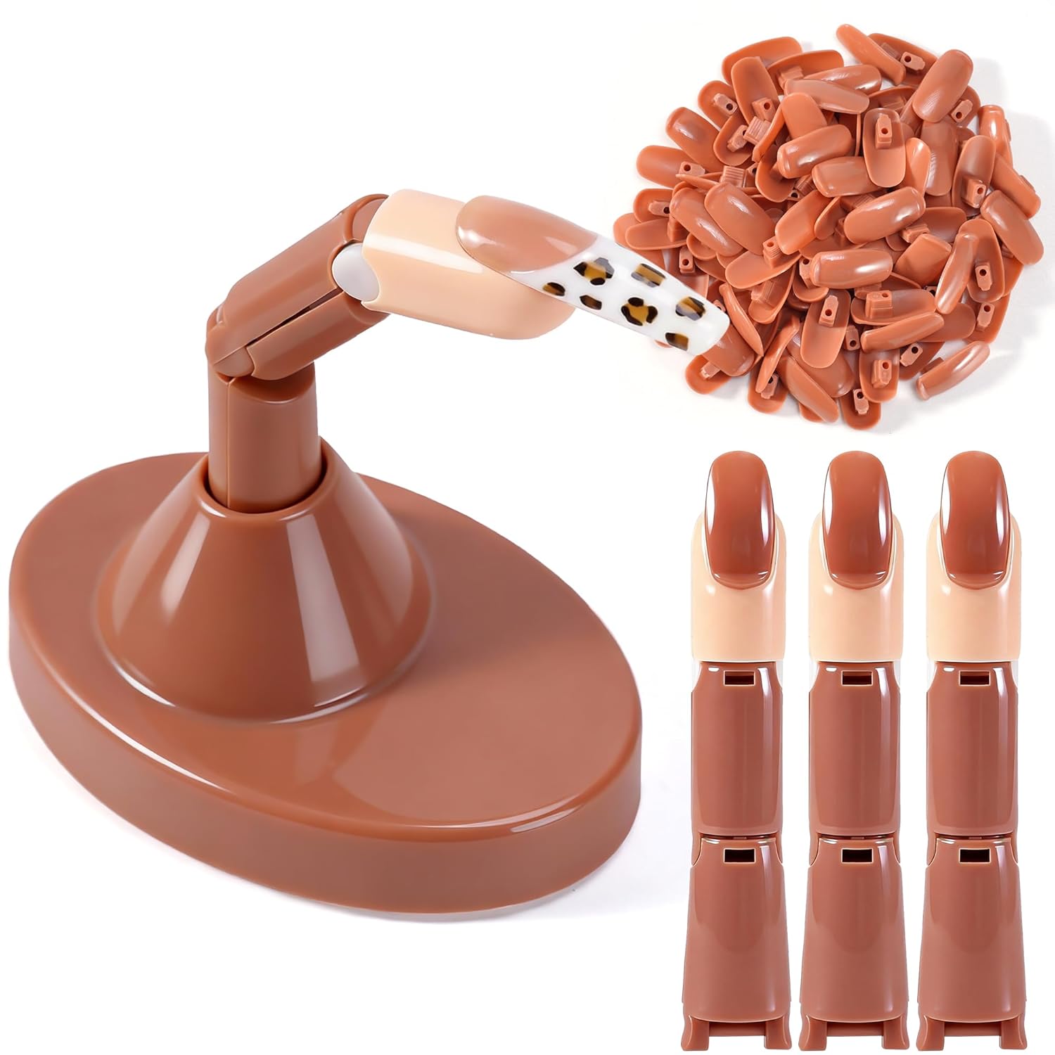 Practice Finger for Acrylic Nails, 3PCS Adjustable Nail Practice Hand Finger with Base Stand and 100PCS Brown Nail Tips, Practice Hand for Home Salon DIY Beginner(Brown)