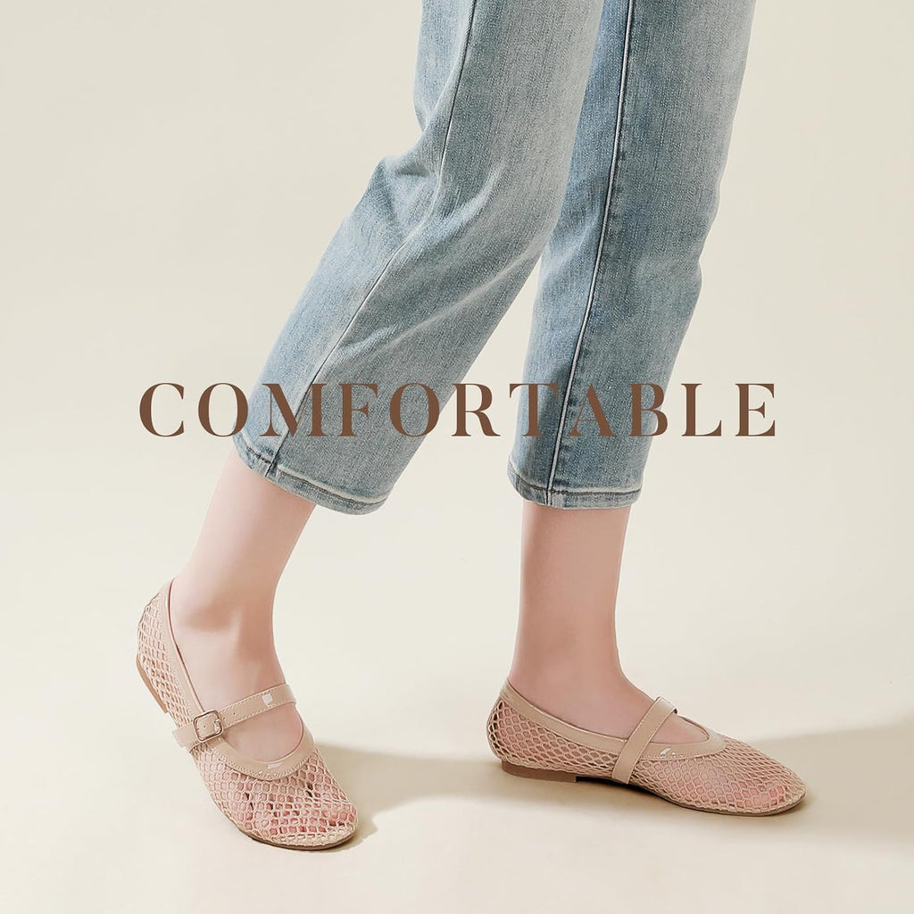 Ankis Mesh Ballet Flats For Women, Black Mesh Flats Buckle Strap Mary Jane Ballerina Flats Women'S Fishnet Flat Sandals Shoes For Dressy Summer