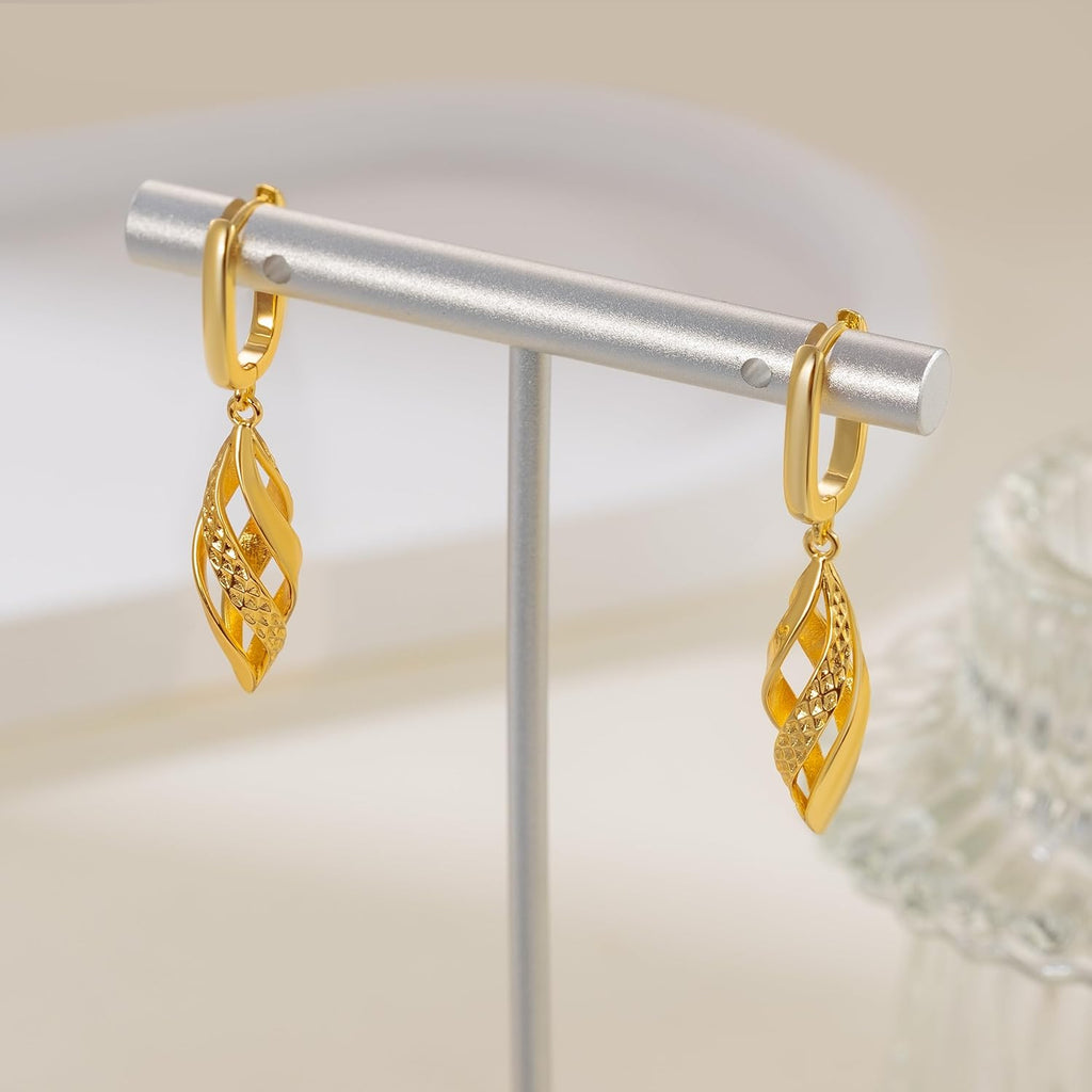 Gold Hoop Earrings 14K Gold Hoop Earrings for Women Dangle Drop Earring for Women Rhombic Twisted Hollow Shape Drop Earring for Womens Dangling 40mm