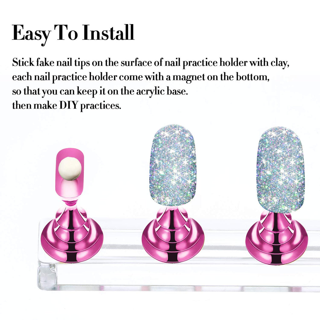 2 Set Nail Stand for Painting Press Nail Holder Acrylic Magnetic Tips Training Fingernail Display Stands DIY Crystal Holders and 96 Pieces White Reusable Adhesive Putty(Metal Pink and Silver)
