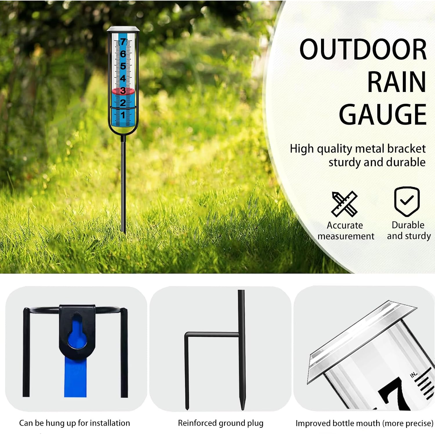 Jmbay Rain Gauge Outdoor, Accurate Rain Gauges Outdoors Best Rated, Tall Rain Gauge For Yard With Stake, Decorative Rain Measure Gauge For Garden, Deck, Lawn With Red Floating Buoy, Adjustable Height