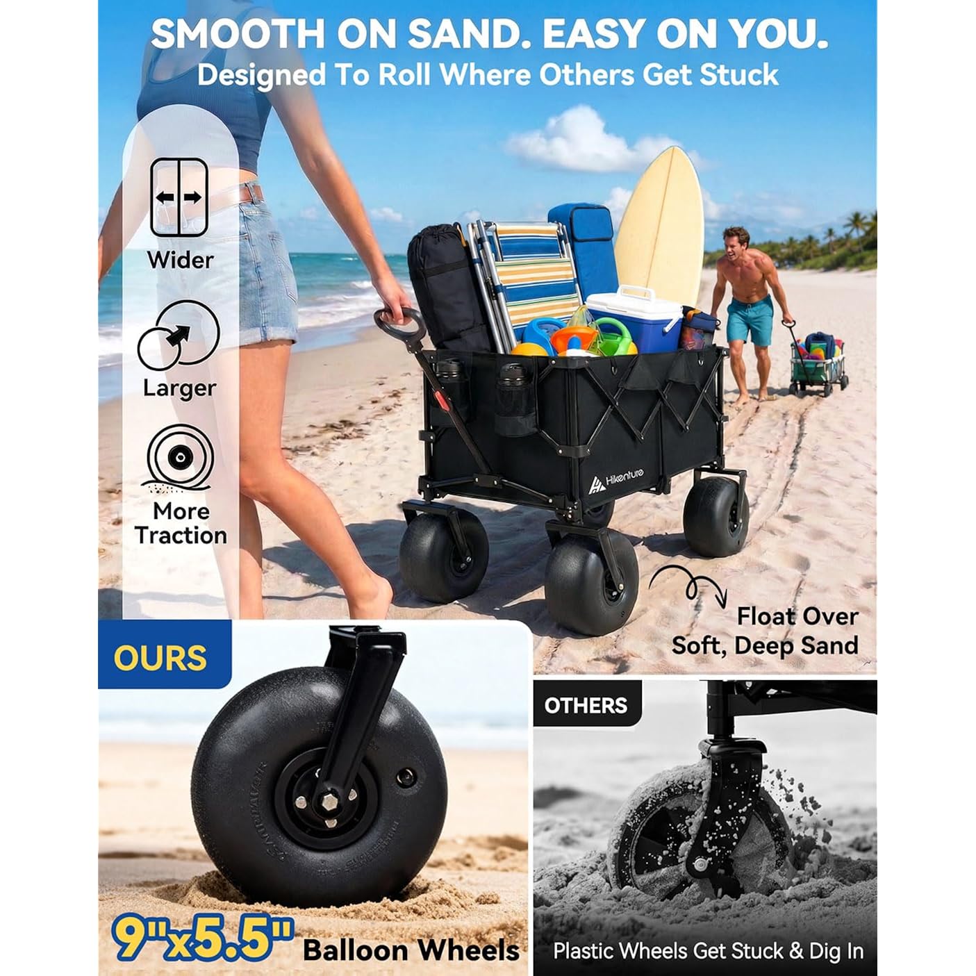 Hikenture Beach Wagon With Balloon Wheels, 9" Pu Tires Collapsible Wagon | 440Lbs Heavy Duty Beach Cart With Big Wheels For Sand, Large Capacity Utility Wagons Carts Foldable