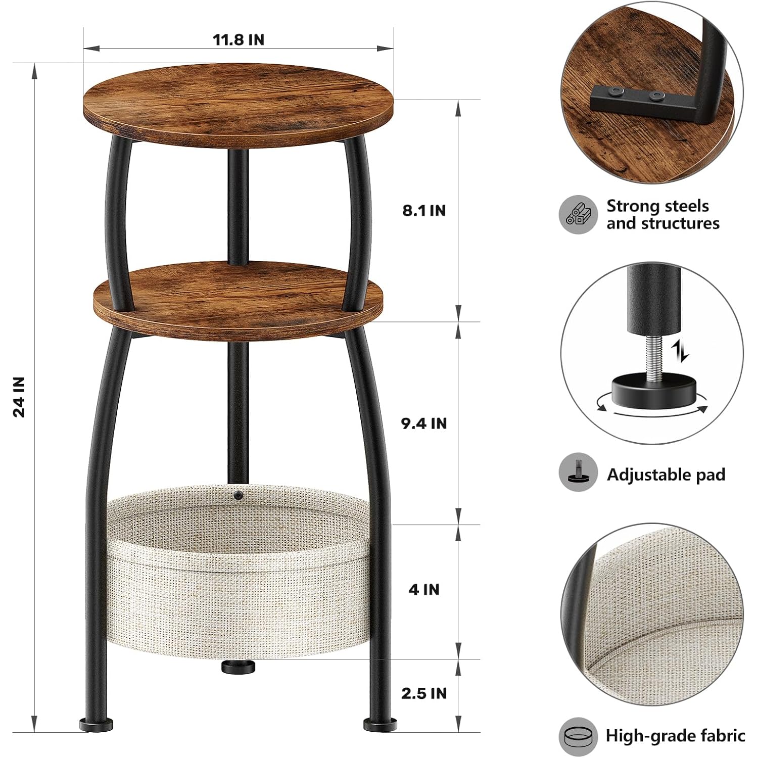 Round Side Table For Small Spaces With Storage Basket –Small End Table 3-Tier Night Stand Sofa Corner Table For Living Room, Bedroom, Patio And More 24In Tall Rustic Brown