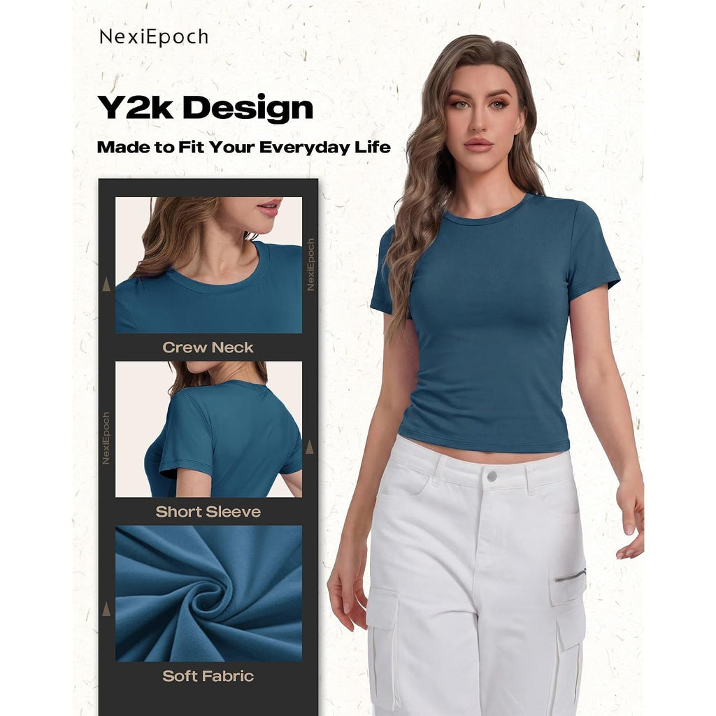 NexiEpoch 5 Pack T Shirts for Women - Crew Neck Short Sleeve Crop Tops Plain Casual Basic Tees Fitted Clothes Cute Y2K Outfit