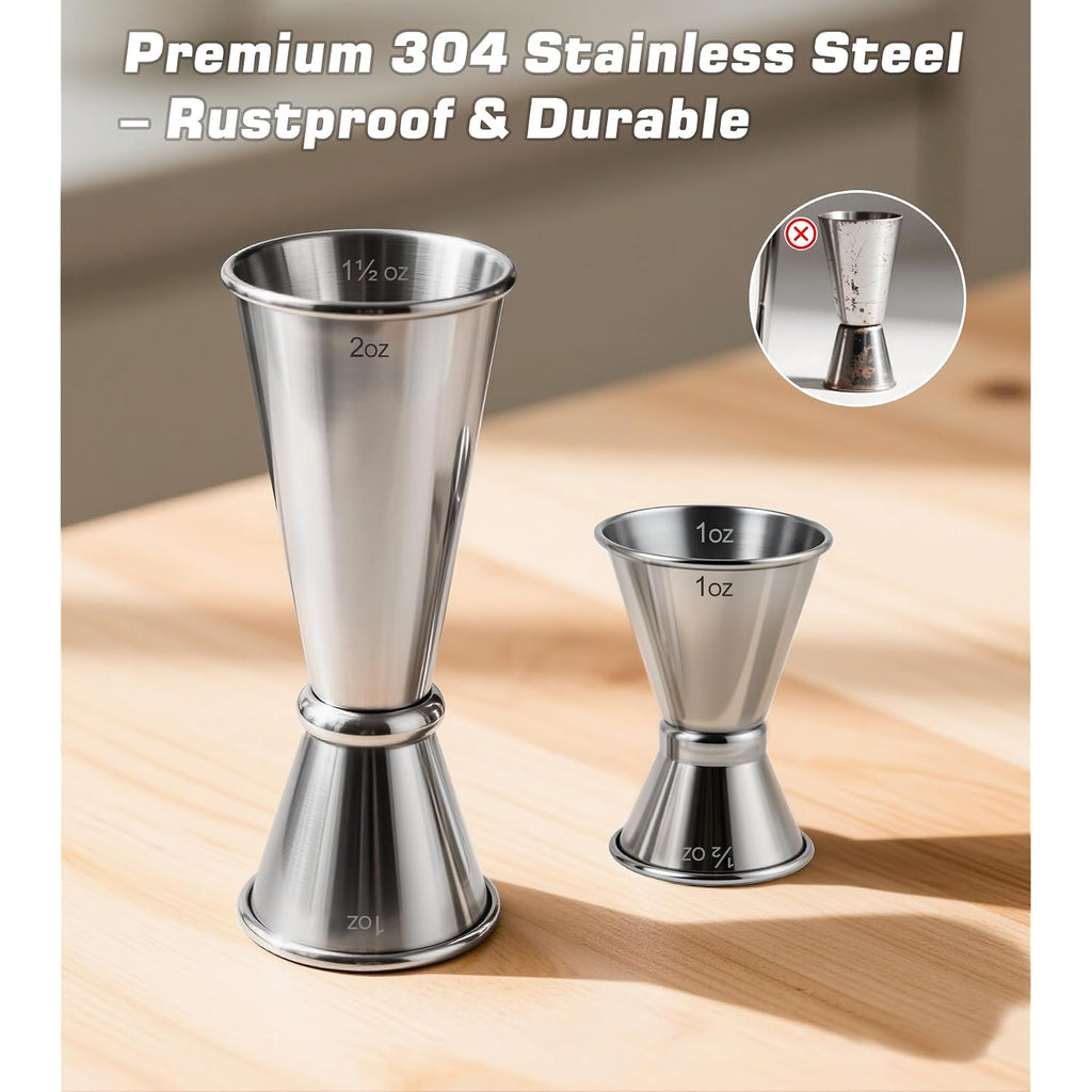 2-Pack Stainless Steel Cocktail Jiggers – Japanese Style Double Measuring Cups For Bartending (1Oz/2Oz + 0.5Oz/1Oz)