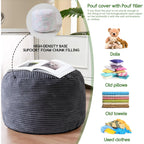 Higogogo Round Stuffed Pouf Ottoman, Corduroy Poufs With Foam Chunk Filling, Furry And Fluffy Pouf Foot Stool Storage Ottoman, 20 X 15 Floor Poufs Foot Rest For Living Room, Dark Grey
