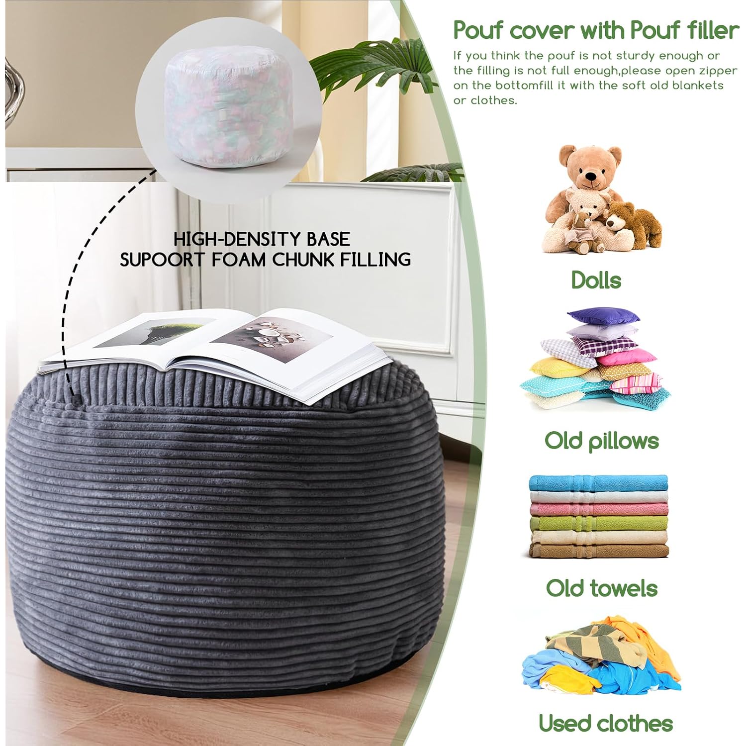 Higogogo Round Stuffed Pouf Ottoman, Corduroy Poufs With Foam Chunk Filling, Furry And Fluffy Pouf Foot Stool Storage Ottoman, 20 X 15 Floor Poufs Foot Rest For Living Room, Dark Grey