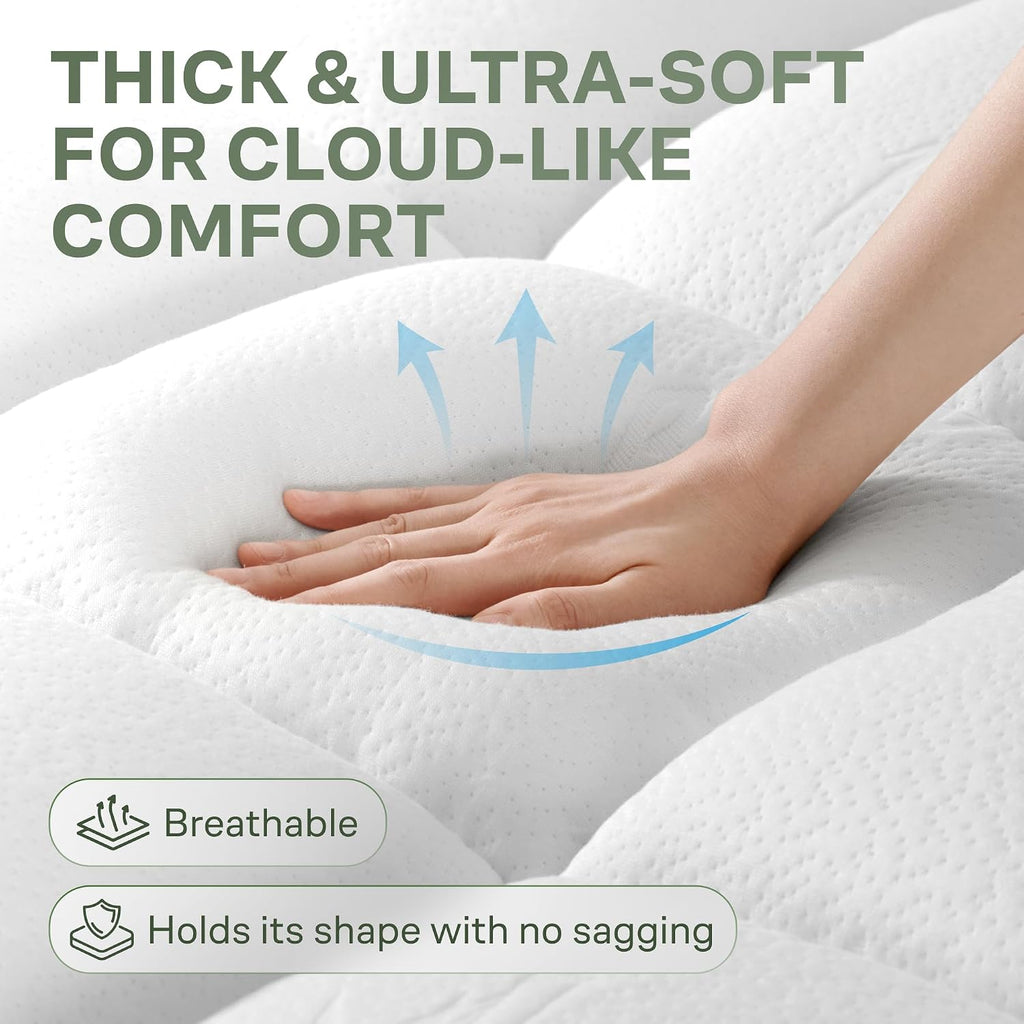 Extra-Thick Queen Size Mattress Topper - Ultra Plush & Soft Viscose Derived From Bamboo Mattress Pad, Naturally Cooling & Perfect For Full Body Support, Snow White