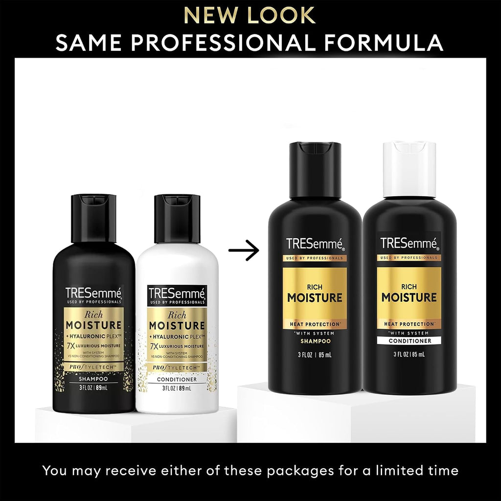 Tresemmé Travel Essentials, Rich Moisture Shampoo And Conditioner Set, Hydrating Hair Detangler With Hyaluronic Acid, 3 Oz Ea