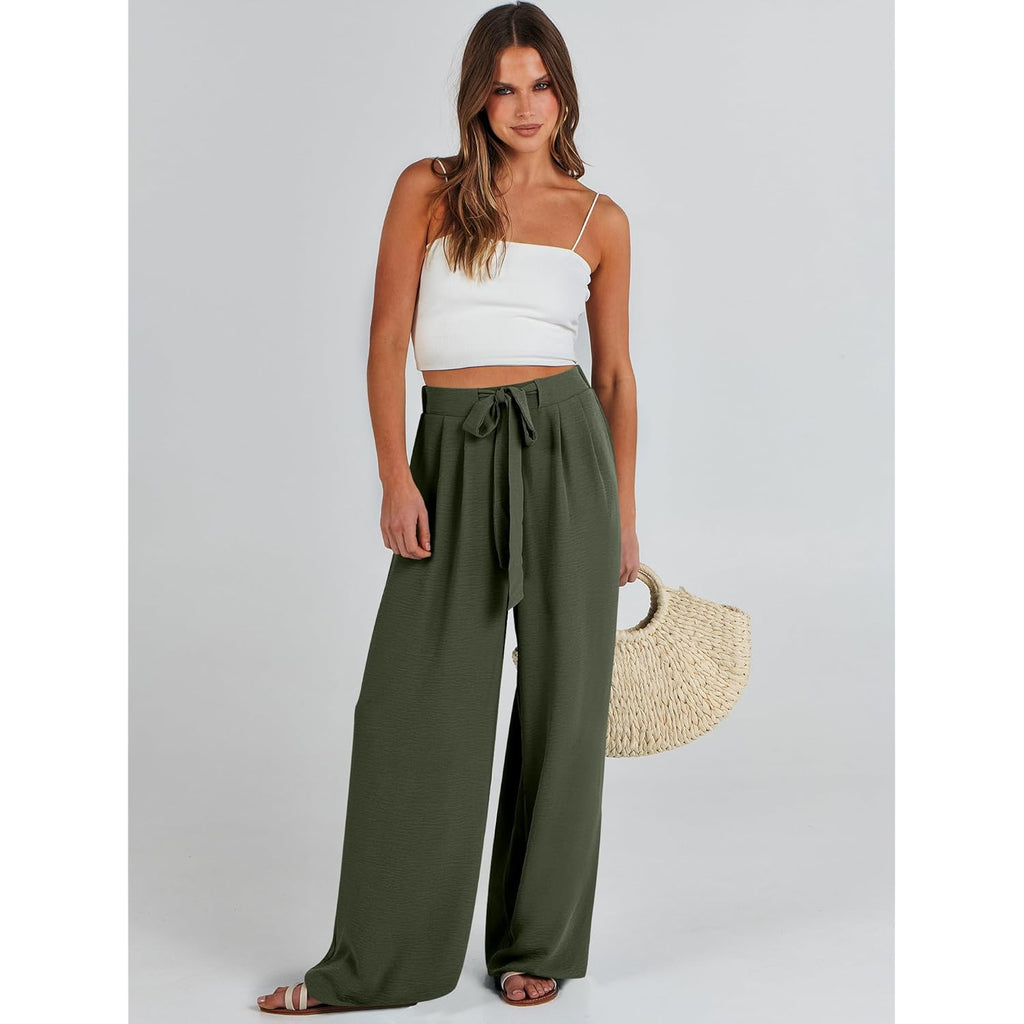 Wide Leg Palazzo Pants for Women Summer High Waist Flowy Loose Casual Lounge Trousers Beach Travel Vacation Clothes