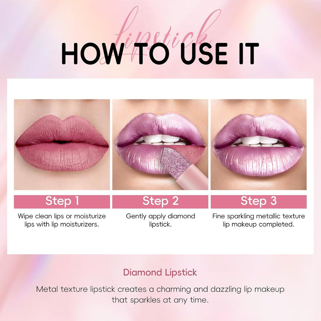 Hosaily Metallic Pink Frost Glitter Lipstick For Women, Long Lasting High Shine Diamond Creamy Nude Light Pink Lipstick Transfer Proof,Shimmer High Impact Full Coverage Non Stick Cup Lip Makeup#1