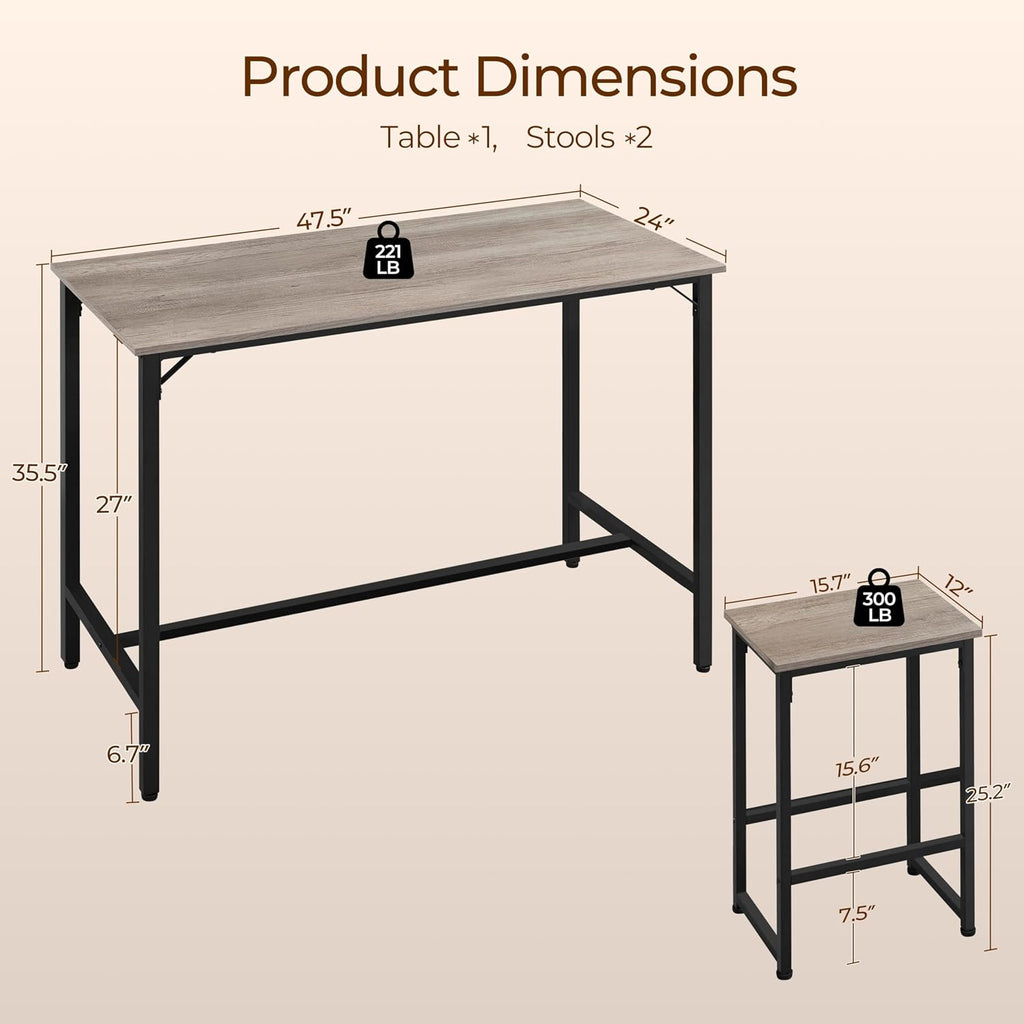 Yaheetech 3 Piece Dining Table Set, 47.5" Industrial Pub Table Set, Counter Height Kitchen Table With Bar Stools Set Of 2, For Small Space, Apartment