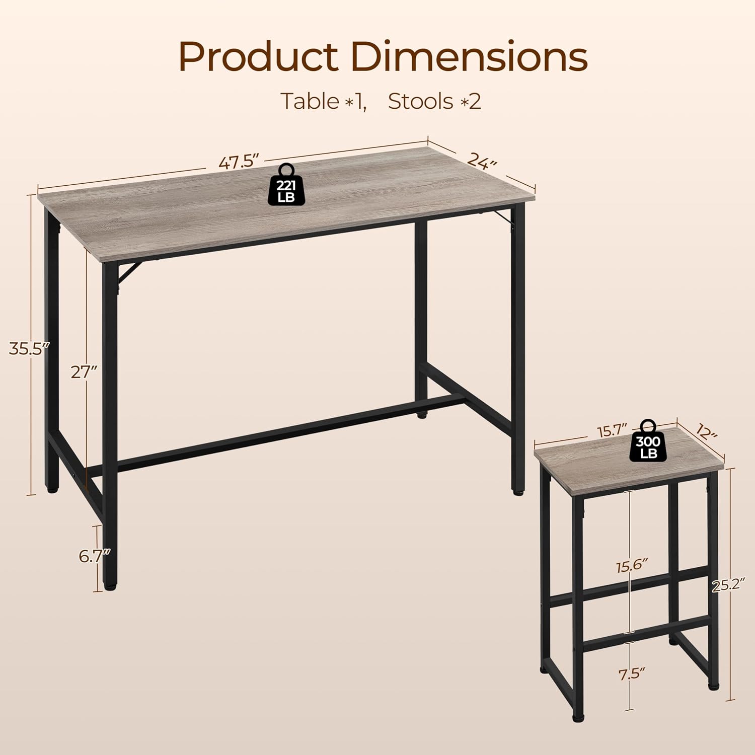 Yaheetech 3 Piece Dining Table Set, 47.5" Industrial Pub Table Set, Counter Height Kitchen Table With Bar Stools Set Of 2, For Small Space, Apartment