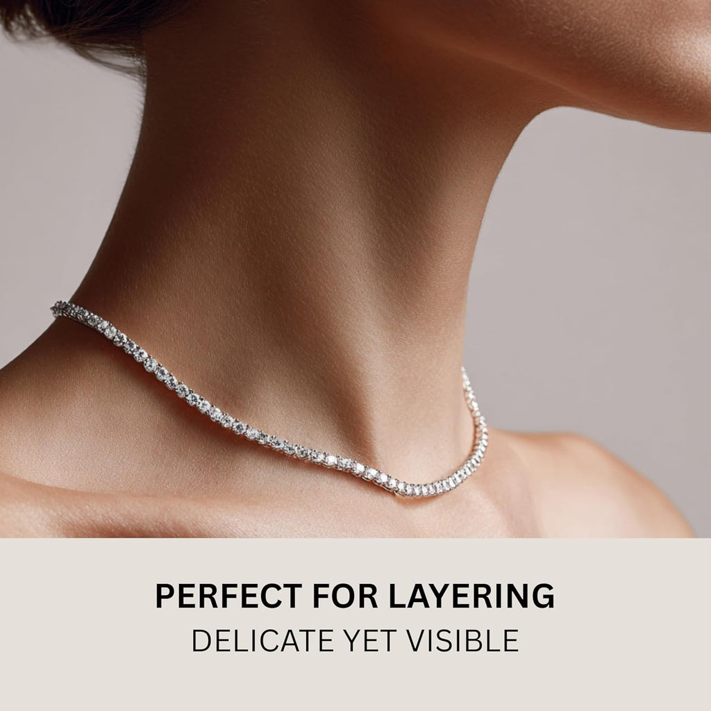 KISPER Tennis Necklace for Women 14K Gold Plated 3mm Cubic Zirconia Diamond Chain Adjustable 15-18" 4-Prong Setting Classic