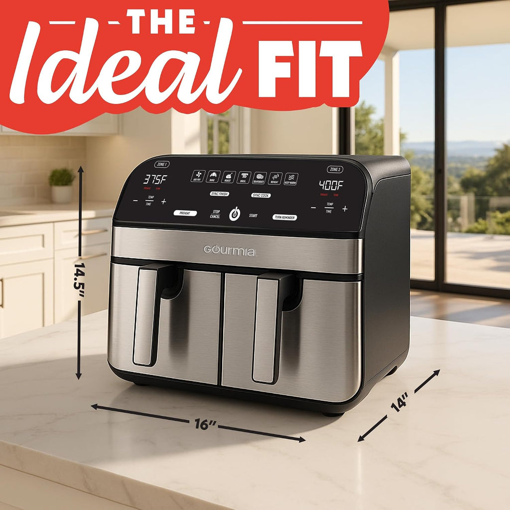 Gourmia Dual Basket Air Fryer - 10 Qt Large Capacity, Fryforce360º, Digital Display With 7 Presets, Roast, Bake, Broil, Dehydrate, Match Cook, Sync Finish, Dishwasher Safe Accessories, Black