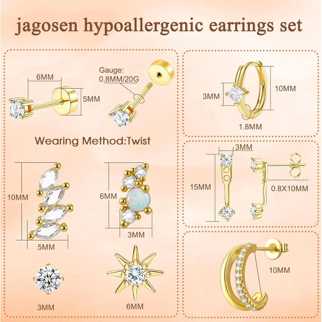 Gold Flat Back Earrings Stacks Hypoallergenic Cartilage Earrings for Women,20G Lobe Tragus Helix Conch Piercing Jewelry,Dainty 14K Gold Plated Stud Hoop Earring Set
