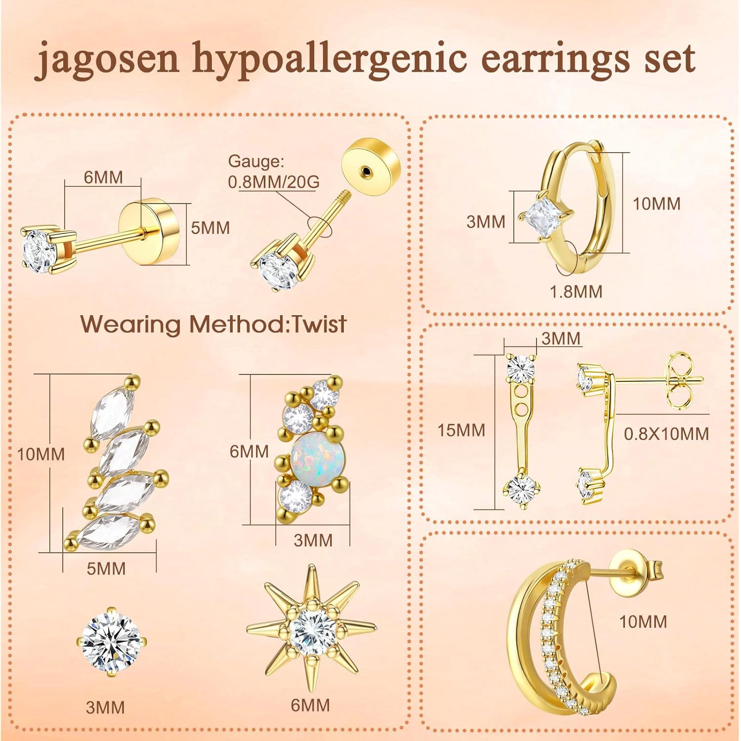 Gold Flat Back Earrings Stacks Hypoallergenic Cartilage Earrings for Women,20G Lobe Tragus Helix Conch Piercing Jewelry,Dainty 14K Gold Plated Stud Hoop Earring Set