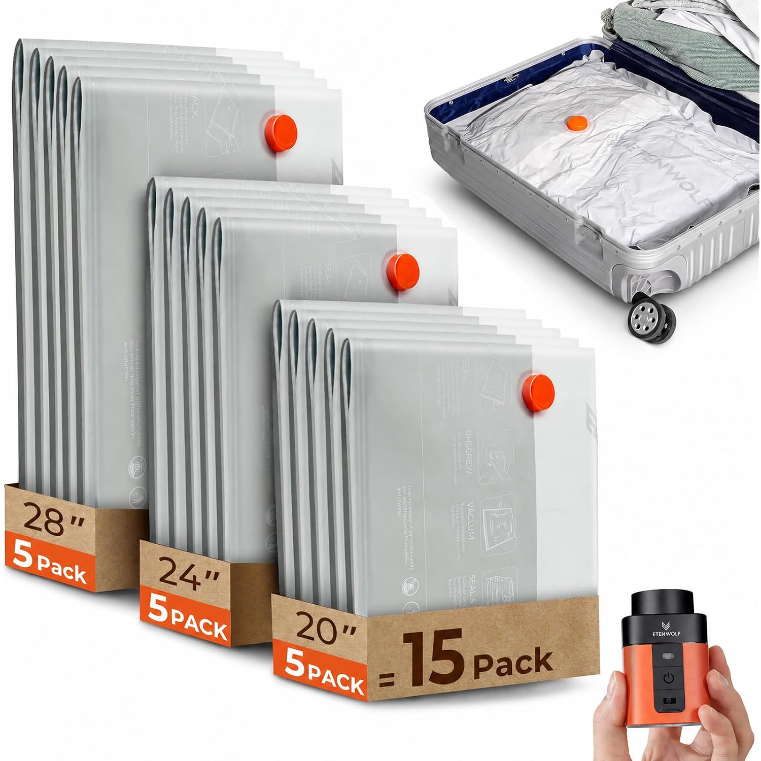 Etenwolf 15 Pack Reusable Vacuum Storage Bags For Travel With Rechargeable Air Pump,Vacuum Compression Packing Seal For Clothes, Blankets, Seasonal Storage,Carry-On Space Saver Bags In 3 Sizes