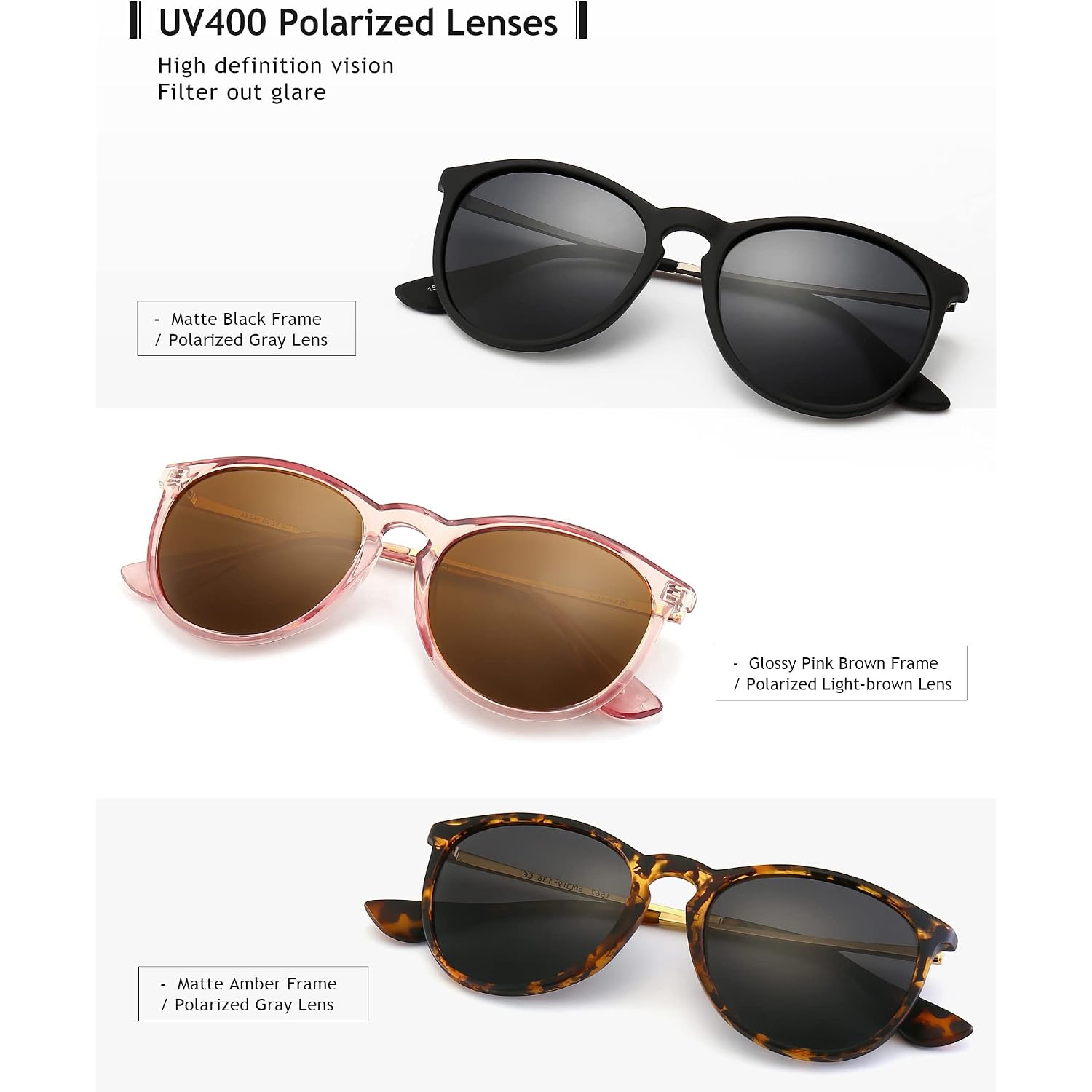 SUNGAIT Premium Vintage Round Sunglasses for Women Men Classic Retro Trendy Style 3 Pack (Polarized): Matte Black/Gray+glossy Pink Brown/Light-brown+matte Amber/Gray