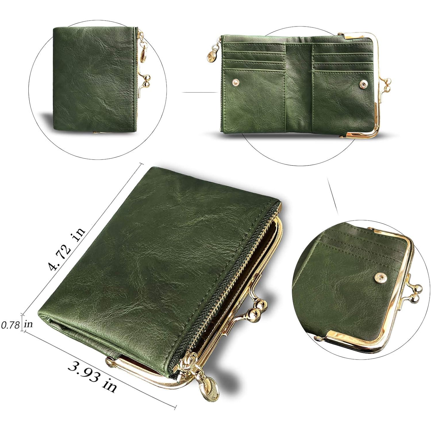 AOXONEL Womens Wallet Small Rfid Ladies Compact Bifold Leather Vintage Coin Purse With Zipper and Kiss Lock