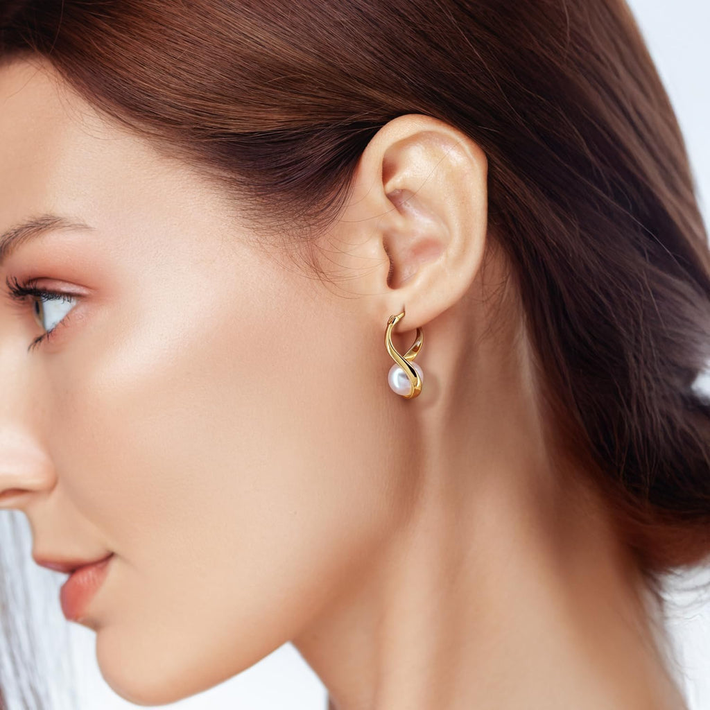 14K Gold Earrings for Women Gold Hoop Earrings Pearl Earrings for Women Hoop Solitaire Teardrop-Shaped with Twisted Lines Eye-catching Pearl Drop Dangle Hoops Earring for Womens 24mm