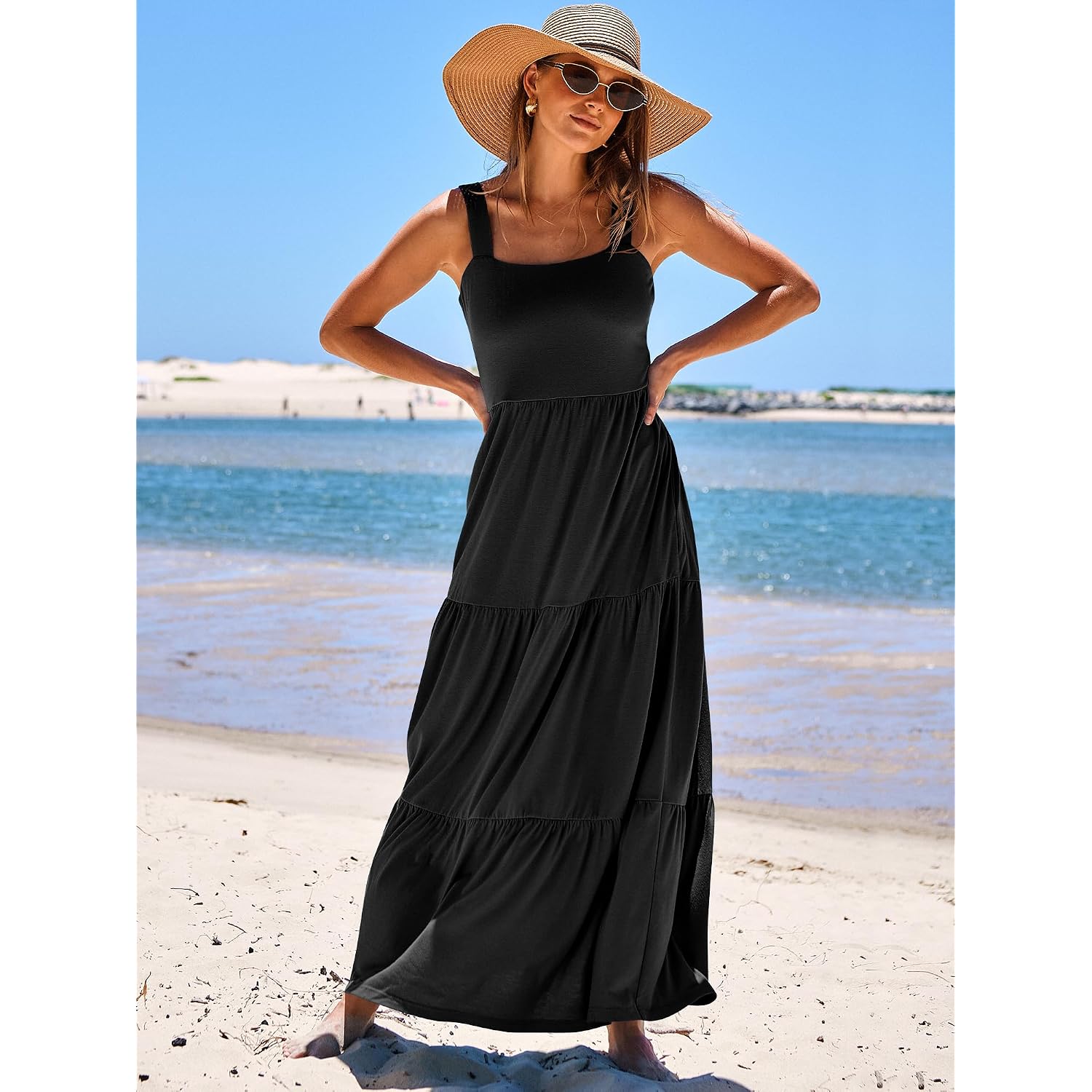 Anrabess Women'S Summer Casual Long Maxi Beach Vacation Dresses Sleeveless Square Neck Flowy Tiered Sun Dress With Pockets