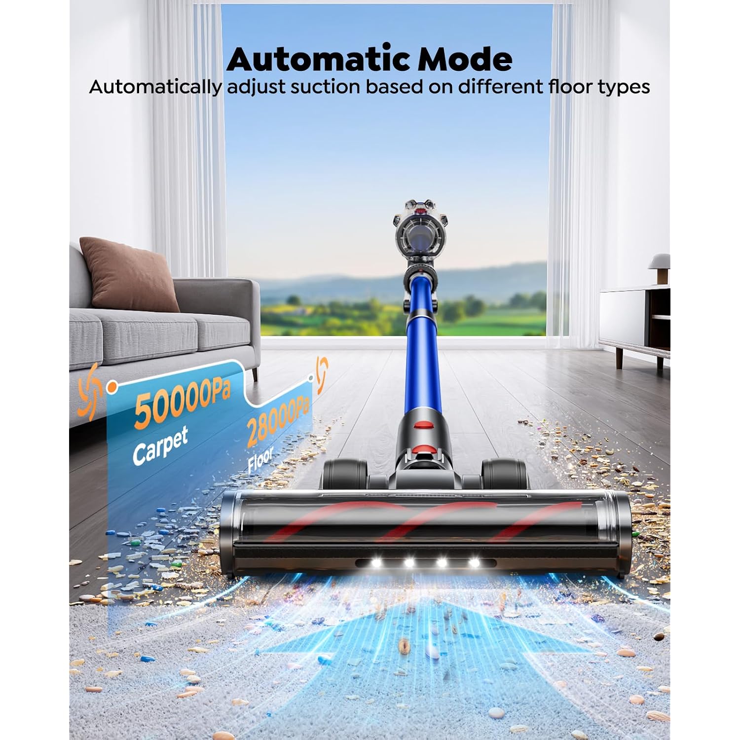 Cordless Vacuum Cleaner With 2 Batteries, 130 Mins/50Kpa/600W Stick Vacuum Cleaners For Home With 3.3Ft Hose, Sofa Brush, Touchscreen Auto-Mode, Wall Mount Charging, Scented, For Floor/Carpet/Pet Hair