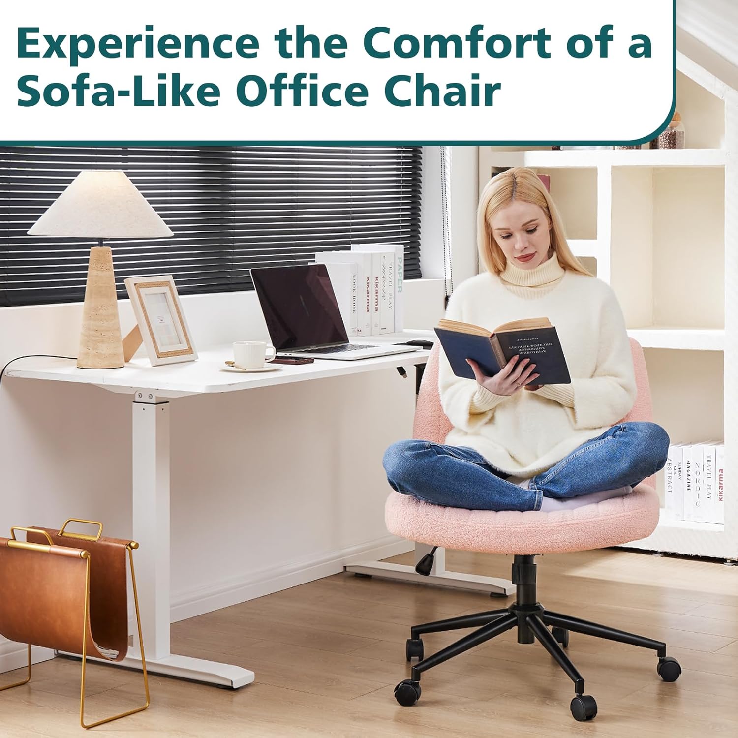 OLIXIS Criss Cross Chair with Wheels Wide Cross Legged Office Desk Vanity Chair Comfy Fabric Armless Adjustable Swivel for Home Computer Task Teddy Pink