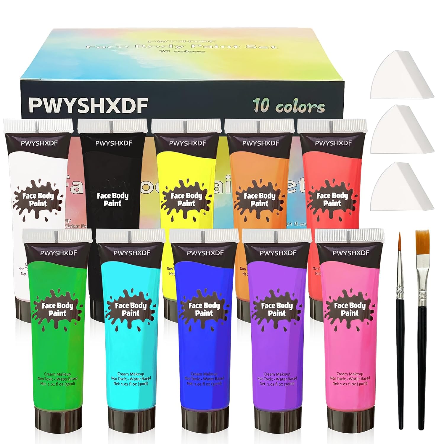 10 Colors Face Body Paint Set, Water Based Body Paint For Adults, Washable Face Paint Kit With Brushes & Sponges, Non-Toxic Face Painting For Halloween Party Cosplay Stage Makeup