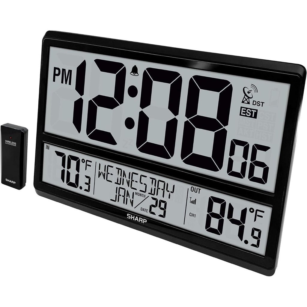 Sharp Atomic Clock - Never Needs Setting! –Easy To Read Numbers - Indoor/Outdoor Temperature, Wireless Outdoor Sensor - Battery Powered - Easy Set-Up (4" Numbers)
