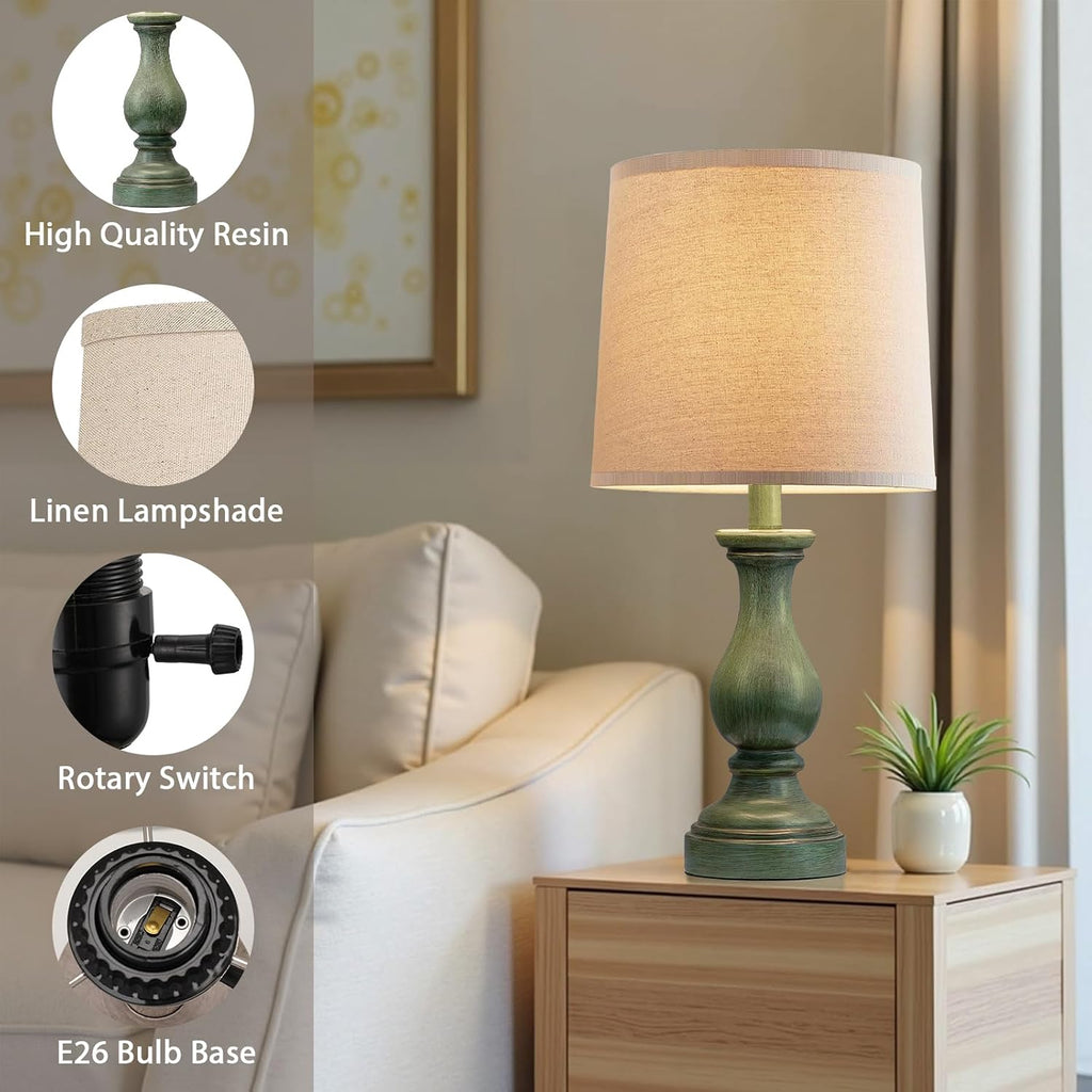 Farmhouse Table Lamps Set Of 2 - Rustic Lamp For Bedroom Living Room, 22" Boho Bedside Lamps For Night Stands End Table Office Desk Lamp Nightstand With Linen Shades(Antique Green)