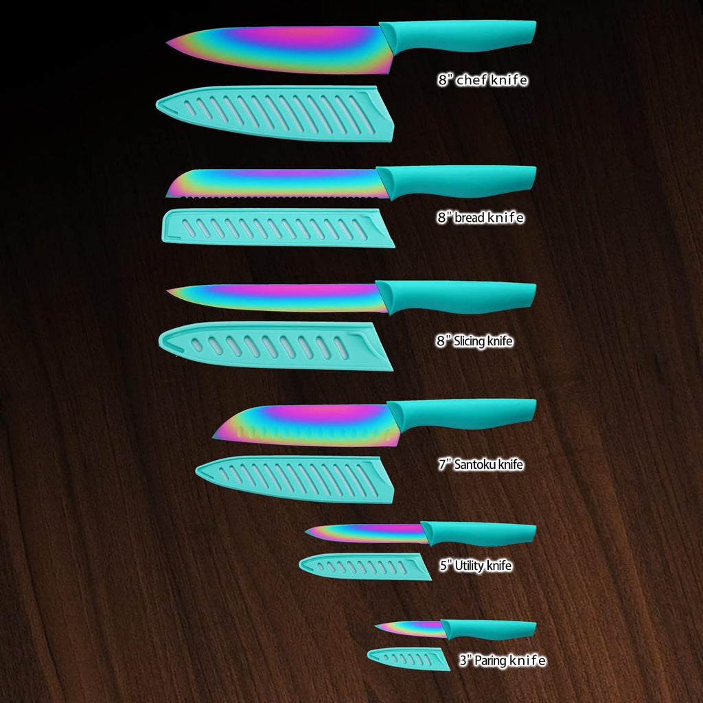 Marco Almond Kitchen Knife Set, Kya37 12-Piece Rainbow Titanium Stainless Steel Boxed Knives Set For Kitchen With Covers, 6 Knives With 6 Blade Guards