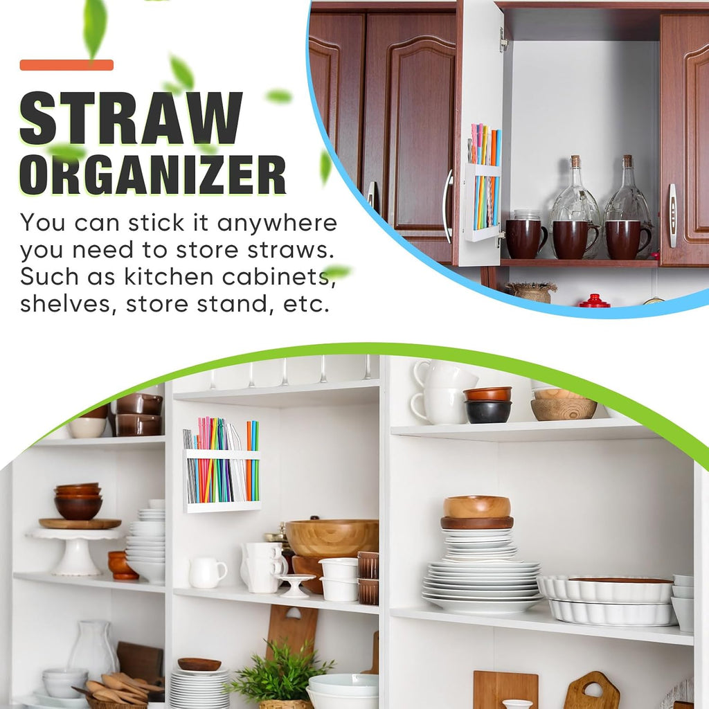 Qinyoung Acrylic Straw Holder For Cabinet Door With Double Sided Adhesive Tape Reusable Straw Organizer Tumbler Storage Kitchen Accessories Container For Counter Cupboard(Classic,Large,White)