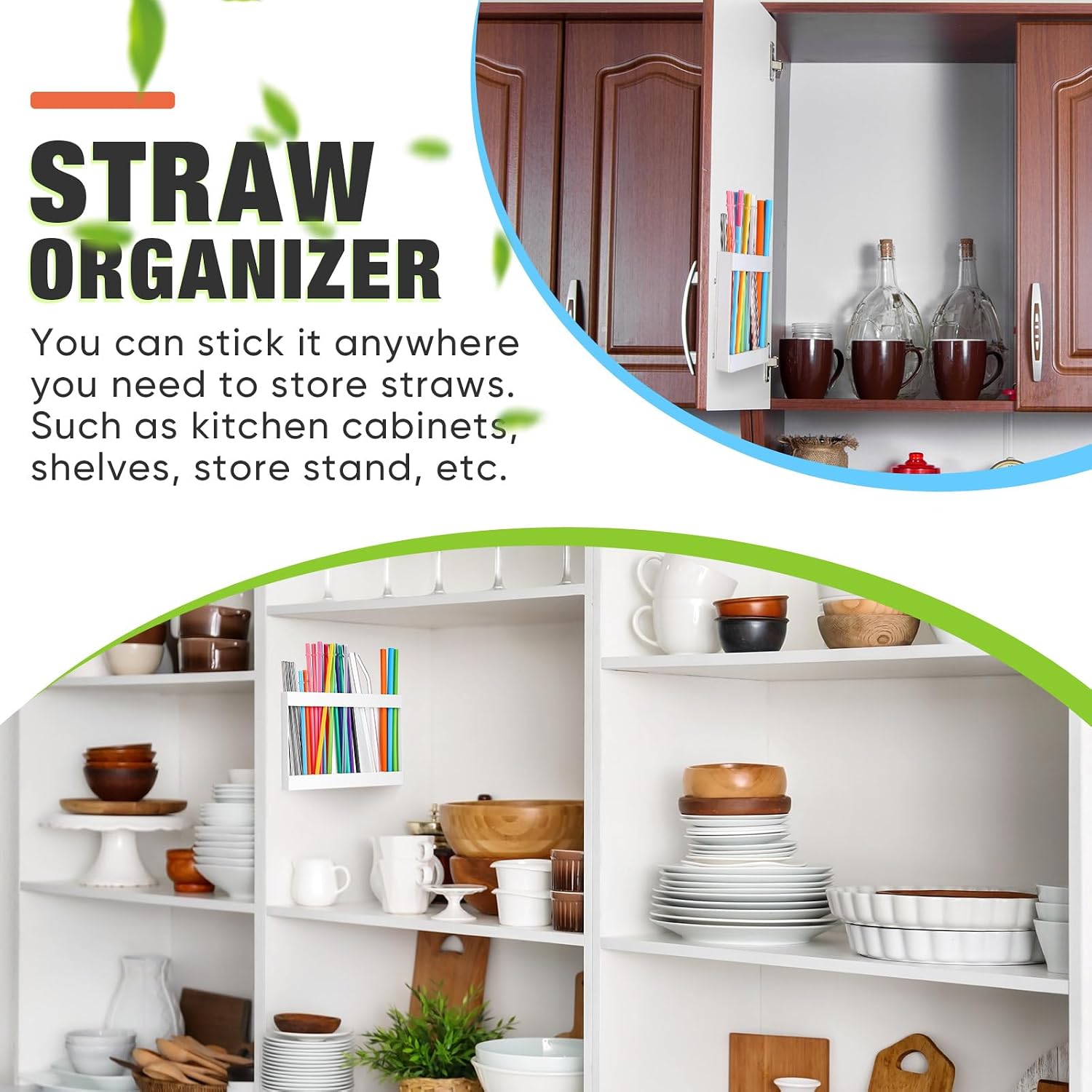 Qinyoung Acrylic Straw Holder For Cabinet Door With Double Sided Adhesive Tape Reusable Straw Organizer Tumbler Storage Kitchen Accessories Container For Counter Cupboard(Classic,Large,White)
