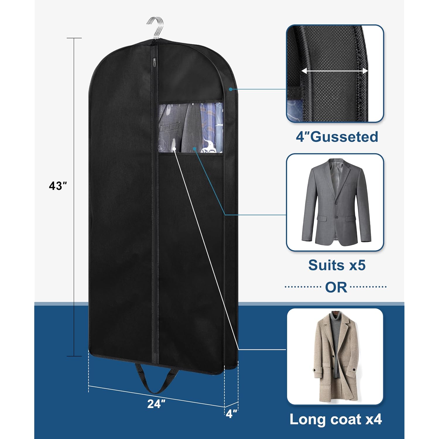 43" Suit Bags For Closet Storage And Travel, Gusseted Hanging Garment Bags For Men Suit Cover With Handles For Clothes, Coats, Jackets, Shirts（3 Packs）